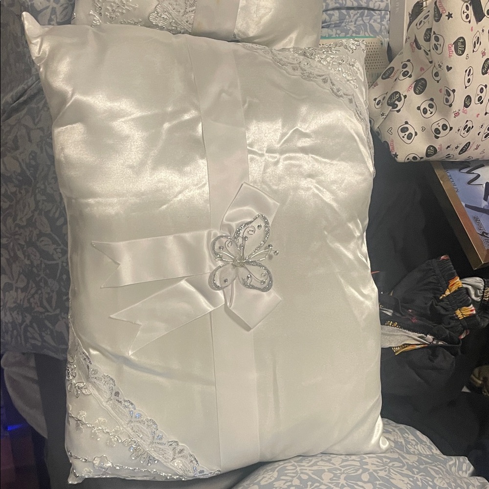 Elegant White Satin Pillow with bow ,for a sweet 16,shoes and tiara.